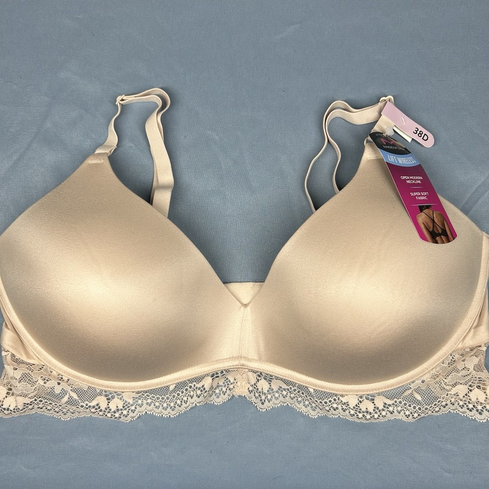 Maidenform Wireless Bra Womens 38D Beige Lace Trim Lift DM1186 Modern Comfort
